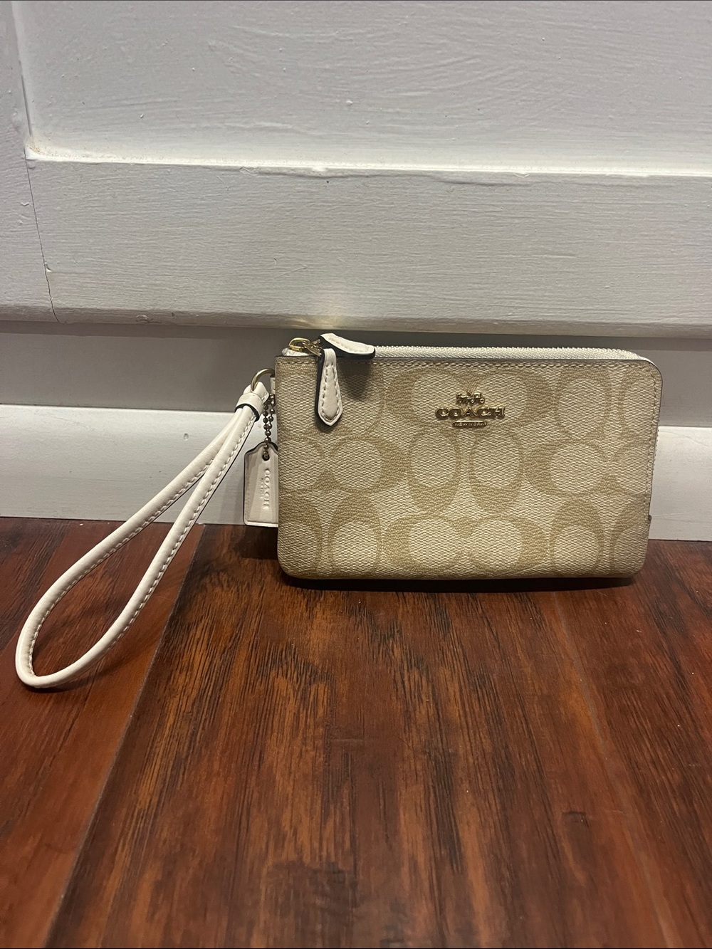 Coach Beige Signature Canvas Wristlet with Cream Trim